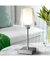 Oscar 12.5" Modern Industrial Rechargeable, Cordless Iron, Acrylic Integrated Led Table Lamp with Ribbed Shade