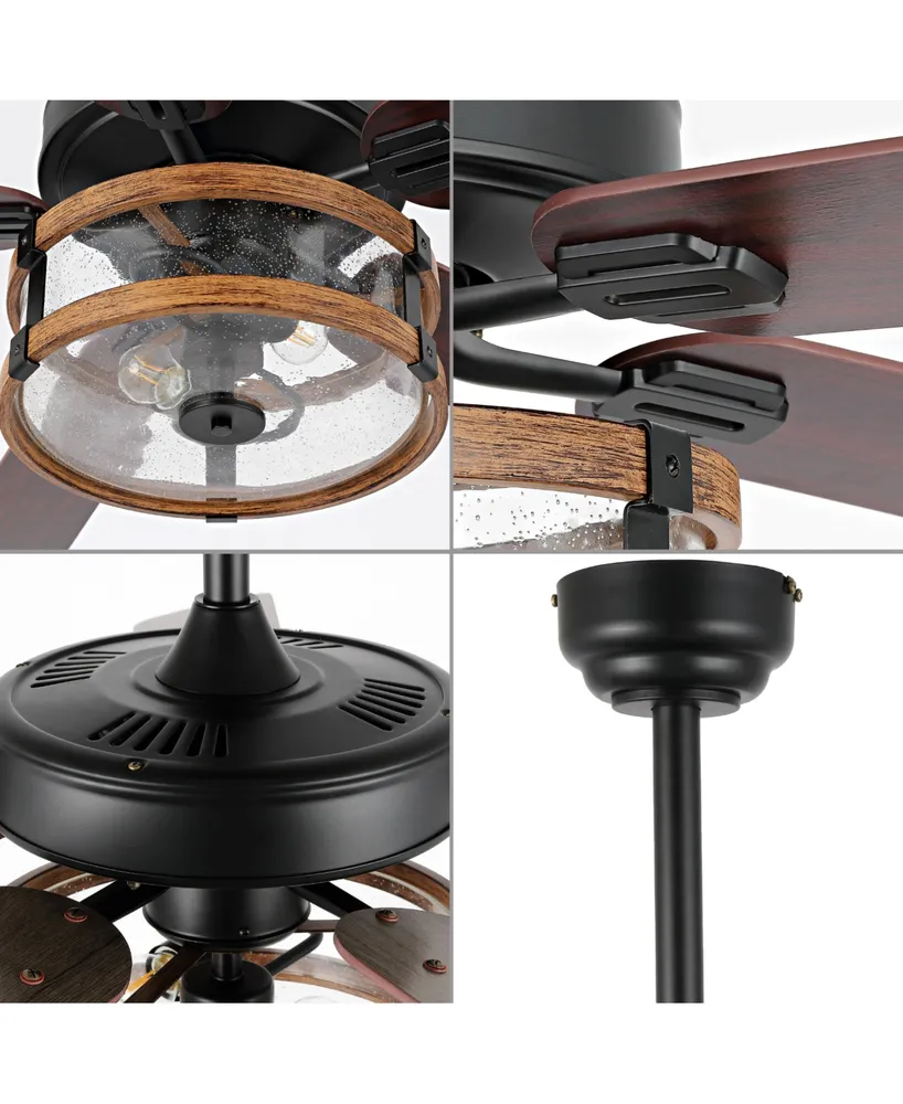 Joanna 52" 2-Light Rustic Industrial Iron, Wood, Seeded Glass Mobile-App, Remote-Controlled Led Ceiling Fan