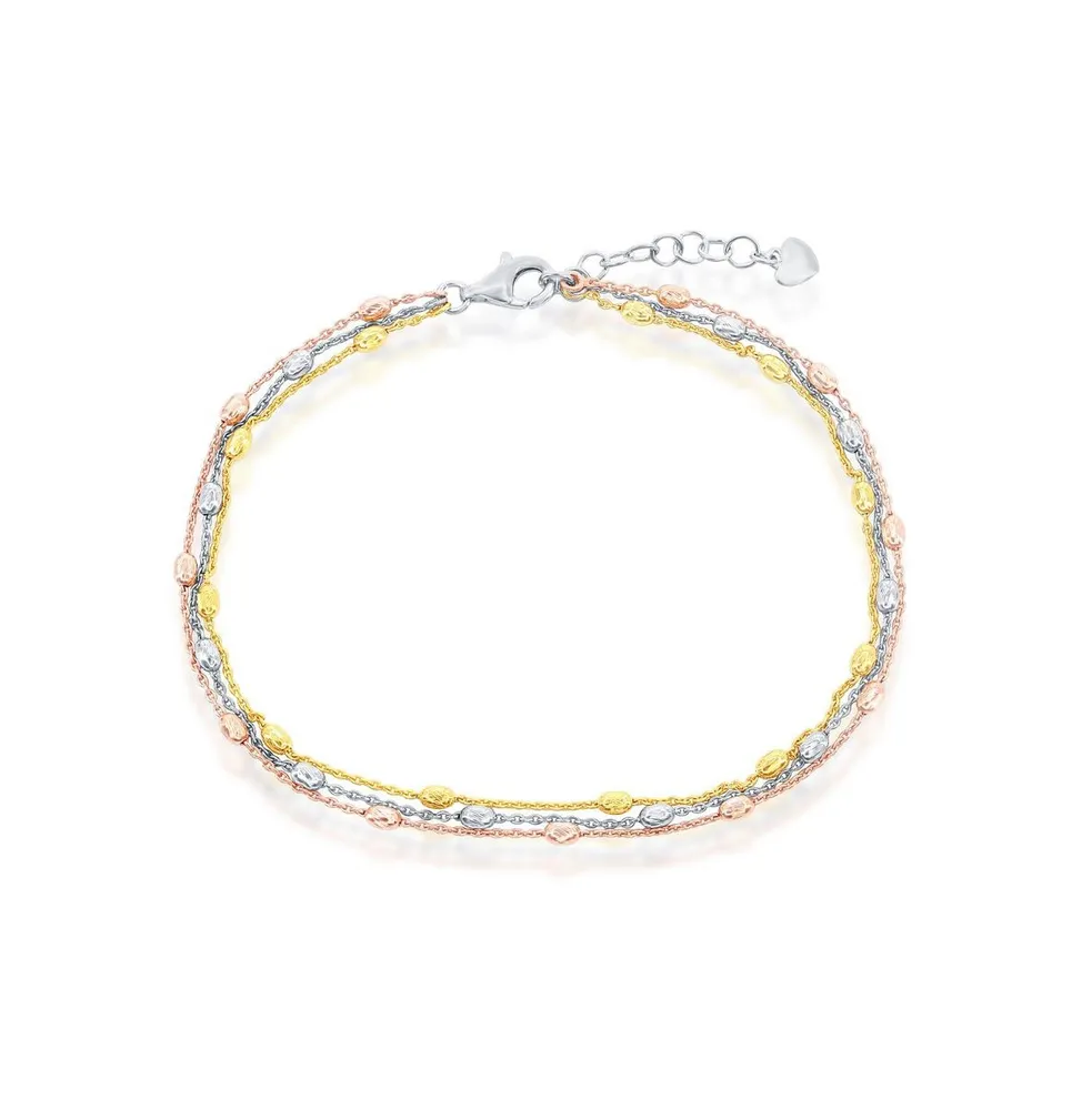 Simona Sterling Silver Triple Strand Oval Diamond-Cut Beaded Anklet - Tri Color