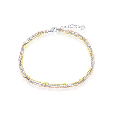 Sterling Silver Triple Strand Oval Diamond-Cut Beaded Anklet - Tri Color
