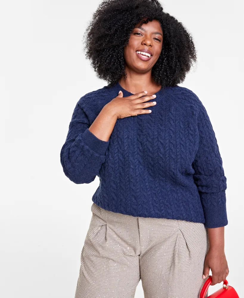 On 34th Plus Perfect Cable-Knit Crewneck Sweater, Created for Macy's