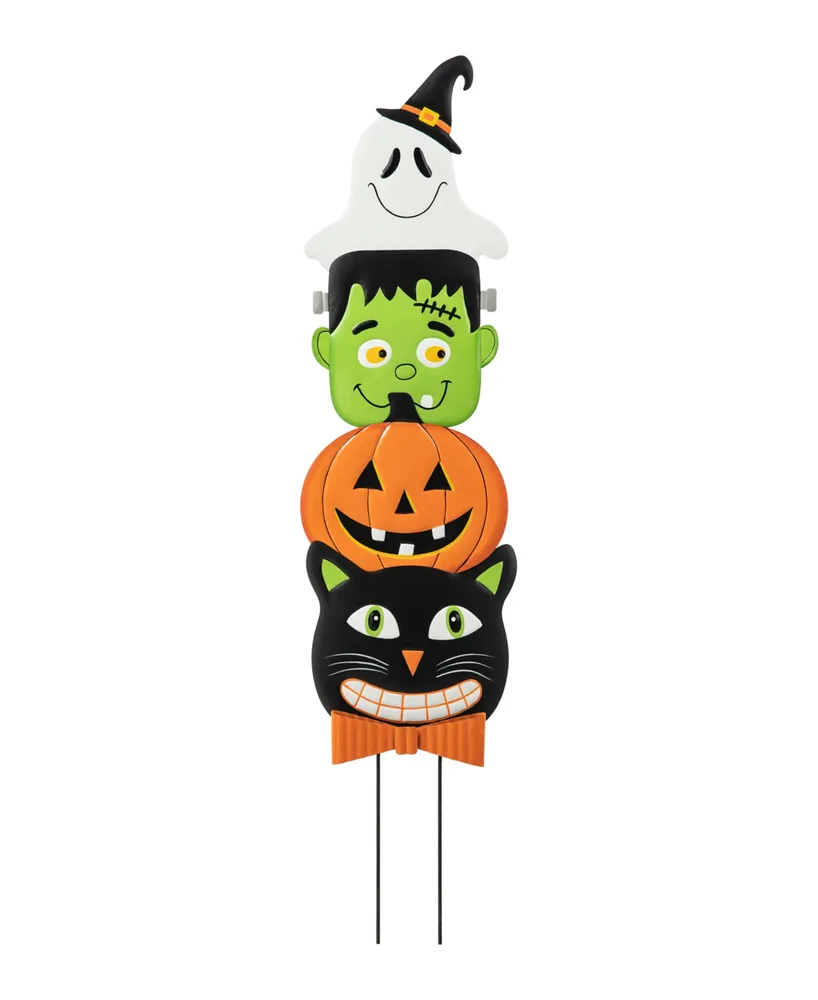 Glitzhome 42.5" H Halloween Metal Stacked Ghost, Frankenstein, Black Cat Pumpkin Yard Stake or Hanging Decor