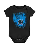 Newborn and Infant Boys Girls Blue, Black, White Miami Marlins Minor League Player Three-Pack Bodysuit Set