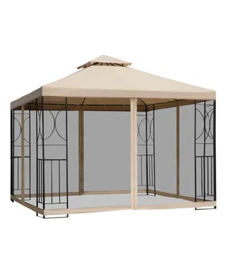Outsunny 10' x 10 Steel Outdoor Patio Gazebo Canopy with Privacy Mesh Curtains, Weather-Resistant Roof, & Storage Trays