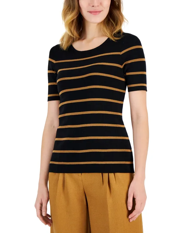 Tahari Asl Women's Striped Round-Neck Short-Sleeve Sweater Top