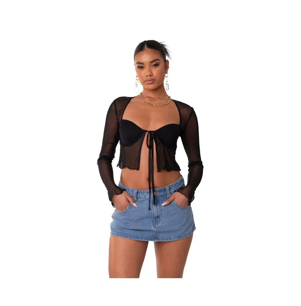 Women's Long Sleeve Mesh Top With Cups & Tie At Front