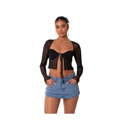 Women's Long Sleeve Mesh Top With Cups & Tie At Front