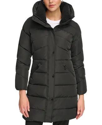 Calvin Klein Women's Faux-Sherpa Collar Hooded Stretch Puffer Coat, Created for Macy's