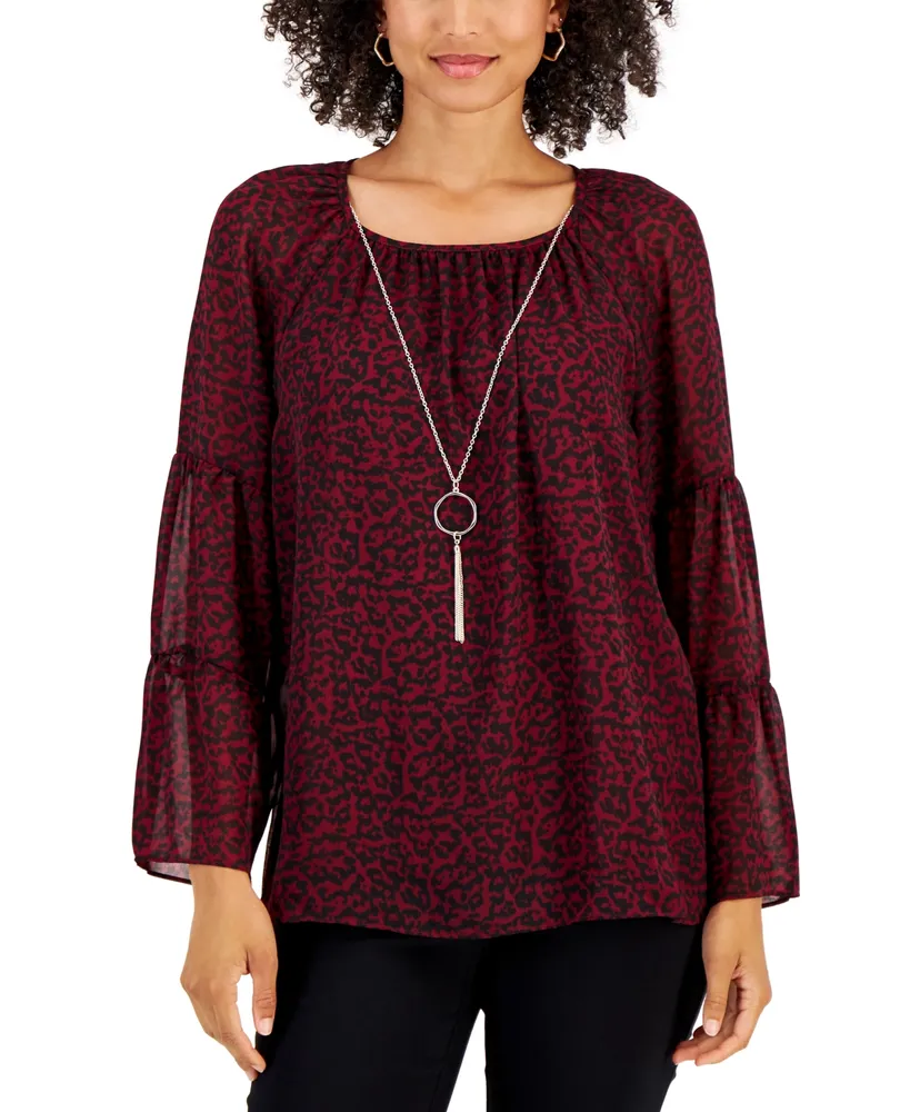 Jm Collection Women's Printed Tiered-Sleeve Necklace Top, Created