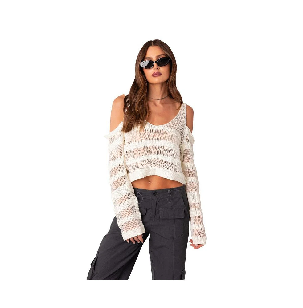 Women's Open Knit Texture Sweater With Shoulder Cutouts