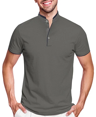 Men's Short Sleeve Henley Polo Shirt with Contrast-Trim