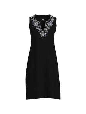 Lands' End Petite Embroidered Cotton Jersey Sleeveless Swim Cover-up Dress