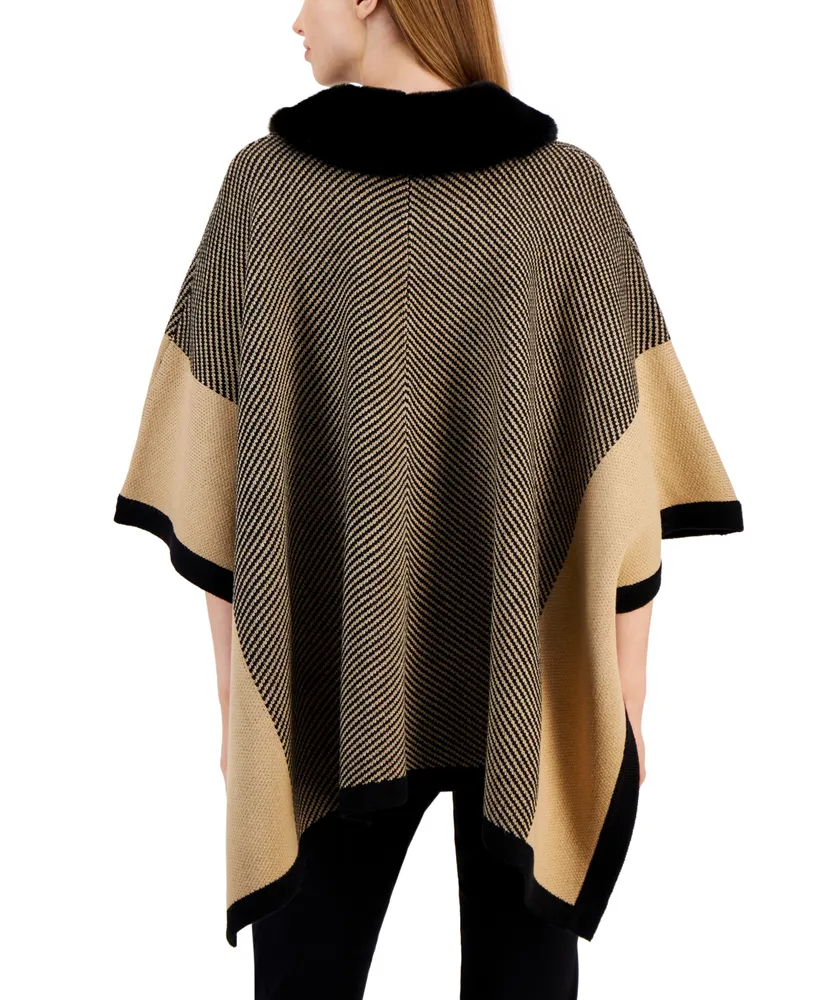 Anne Klein Faux-Fur Collar Zip-Front Poncho Sweater