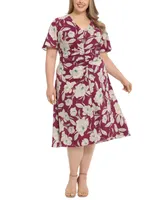 London Times Plus Flutter-Sleeved Shirred Midi Dress