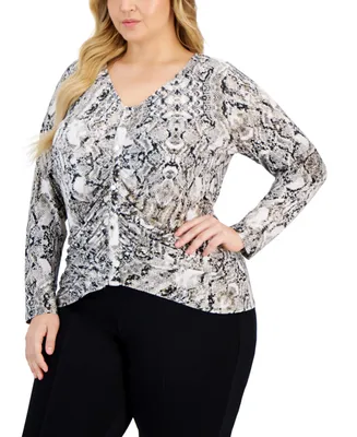 I.n.c. International Concepts Plus Size Printed Ruched Long-Sleeve Top, Created for Macy's