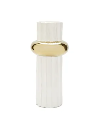 Tall White Ripple Design Vase with Gold-Tone Ring 15" H