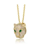 Rachel Glauber 14k Yellow Gold Plated with Green & Cubic Zirconia 3D Panther Head Pendant Layering Necklace