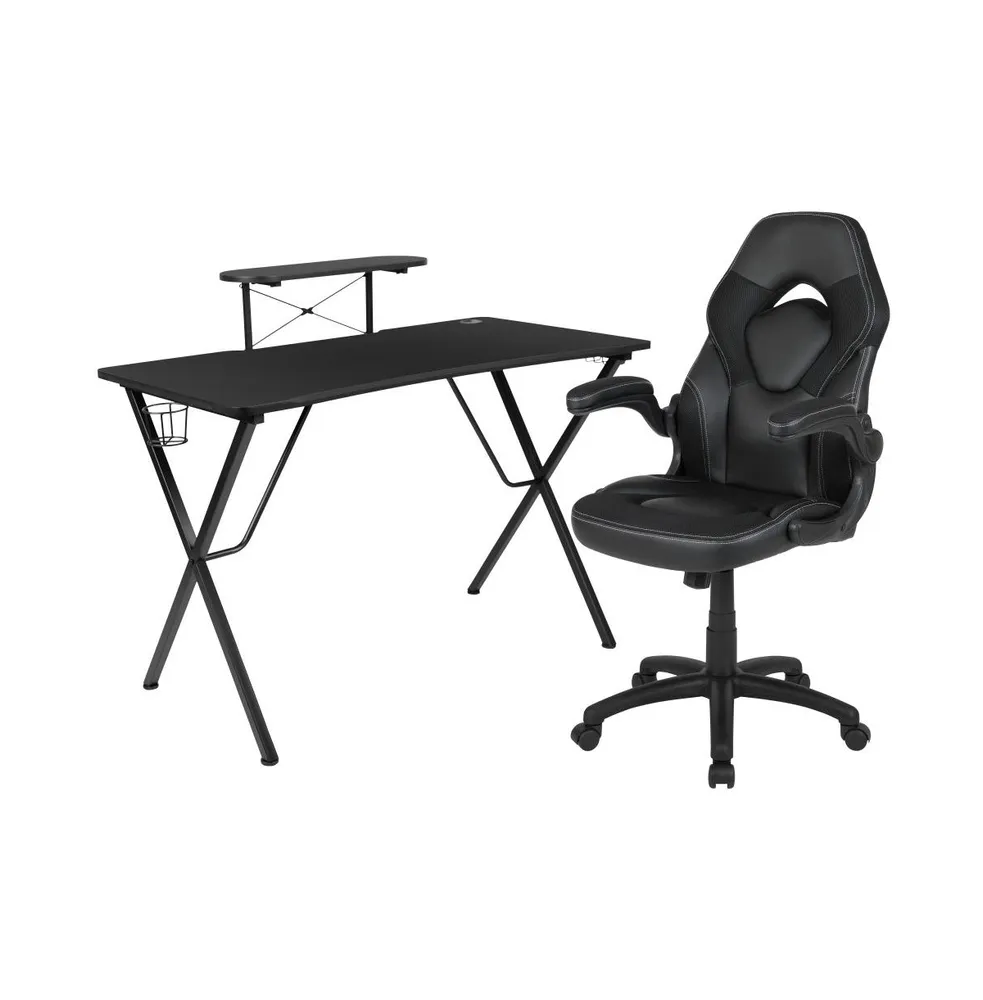 Emma+Oliver Gaming Desk And Racing Chair Set With Headphone Hook, Monitor Stand