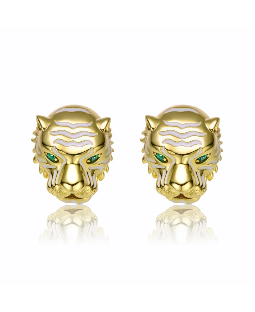 Rachel Glauber 14k Yellow Gold Plated with Emerald Cubic Zirconia White Enamel Roaring Tiger Head 3D Stud Earrings