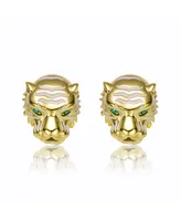 Rachel Glauber 14k Yellow Gold Plated with Emerald Cubic Zirconia White Enamel Roaring Tiger Head 3D Stud Earrings