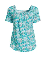 Lands' End Women's Short Sleeve Light Weight Smocked Square Neck Top