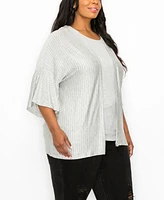 Coin 1804 Plus Stripe Ruffle Sleeve Kimono Top