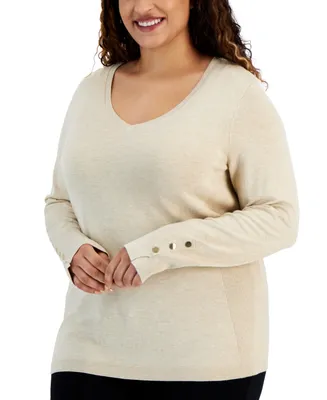 Jm Collection Plus Size Buttoned-Cuff Sweater, Created for Macy's