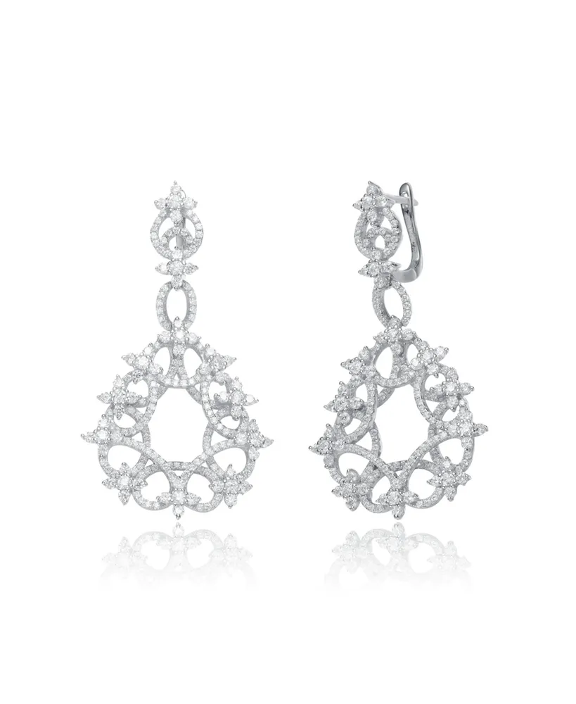 Genevive Cubic Zirconia Sterling Silver White Gold Plated Round Swirl Design Lace Earrings