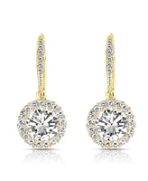Sparkling Halo Circle Drop Earrings Sterling Silver with Cubic Zirconia