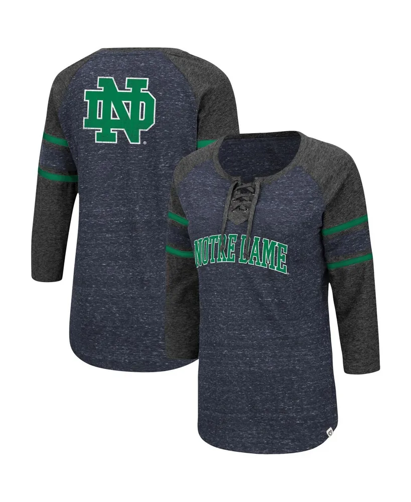 Women's Colosseum Navy, Heathered Charcoal Notre Dame Fighting Irish Scienta Pasadena Raglan 3/4 Sleeve Lace-Up T-shirt