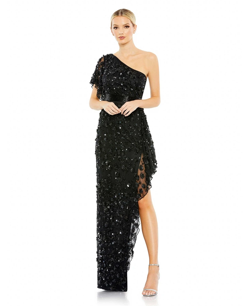 Women's Asymmetric Beaded One Shoulder Gown