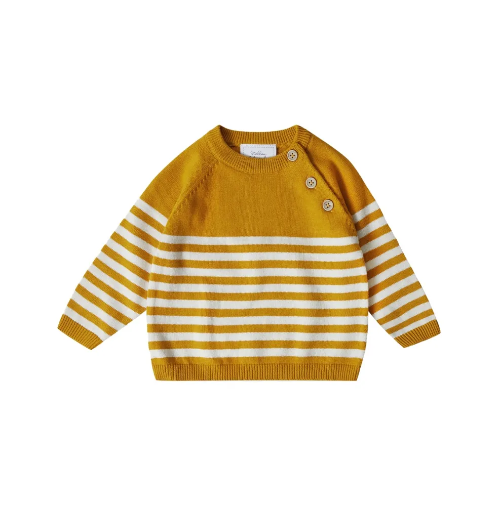 Stellou & Friends Baby Girls 100% Cotton Knit Striped Long Sleeve Sweater with Shoulder Button Closure