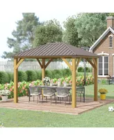 Outsunny 10x12 Galvanized Steel Gazebo with Wooden Frame, Permanent Metal Roof Gazebo Canopy for Garden, Patio, Backyard, Brown