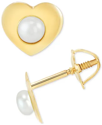 Children's Cultured Freshwater Button Pearl (2mm) Heart Stud Earrings in 14k Gold