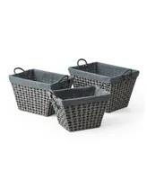 Baum 3 Piece Tapered Rectangular Storage Set in Open Weave with Ear Handles and Overlap Lift-Off Liner