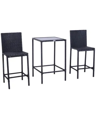 Outsunny 3pcs Rattan Bar Set with Glass Top Table, 2 Bar Stools for Outdoor, Patio, Garden, Poolside, Backyard
