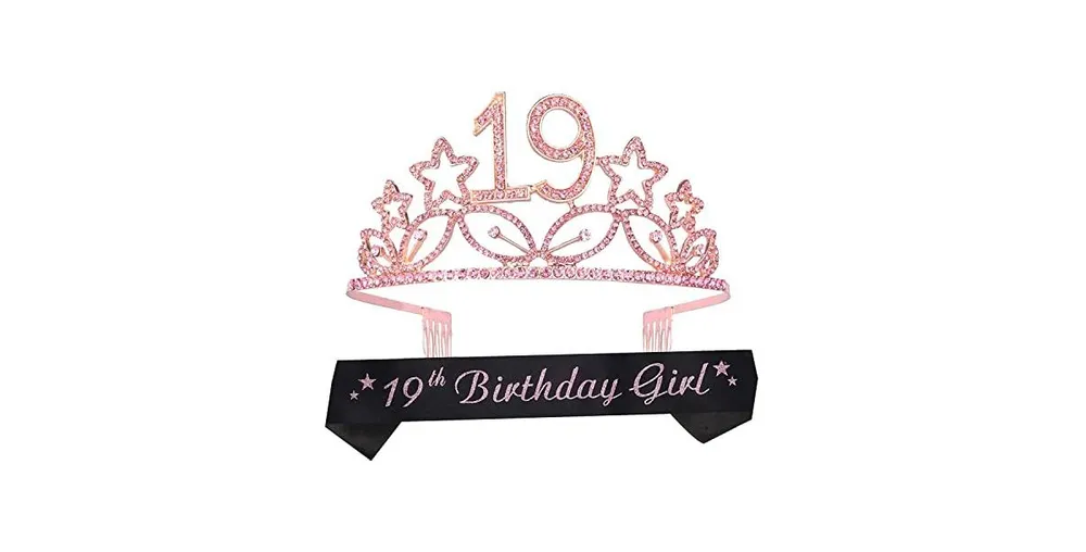 19th Birthday Sash and Tiara for Women - Fabulous Set: Glitter Sash + Stars Rhinestone Pink Premium Metal Tiara, 19th Birthday Gifts for Women Party