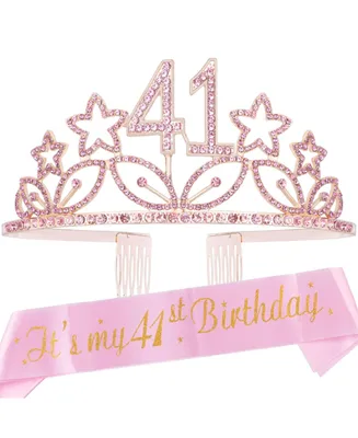 41st Birthday Sash and Tiara for Women - Fabulous Glitter Sash + Stars Rhinestone Pink Premium Metal Tiara for Her, 41st Birthday Gifts for 41 Party