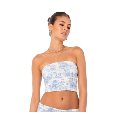 Women's Strapless Top With Delft Print