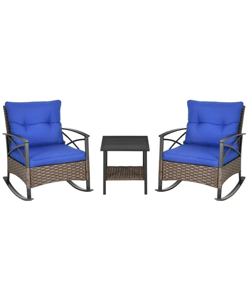 Outsunny 3 Piece Rocking Wicker Bistro Set, Outdoor Patio Furniture Set with two Porch Rocker Chairs, Cushions, Two