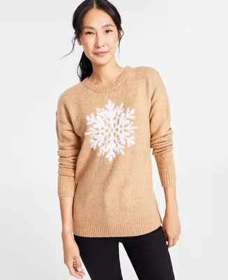 Holiday Lane Women's Snowflake-Print Crewneck Sweater, Created for Macy's
