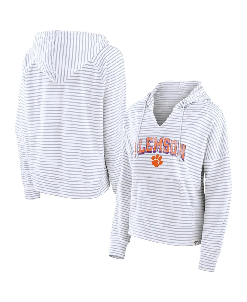 Women's Fanatics White Clemson Tigers Striped Notch Neck Pullover Hoodie