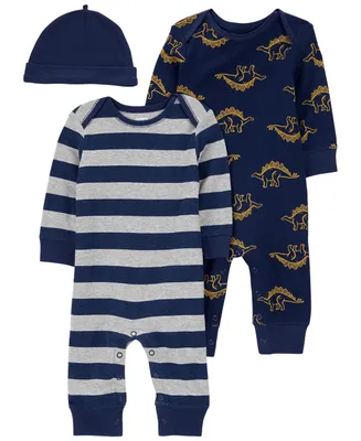 Carter's Baby Boys Footless Coveralls and Hat, 3 Piece Set