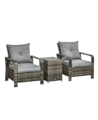 Outsunny 3 Piece Patio Furniture, Pe Wicker Storage Table & Chairs,