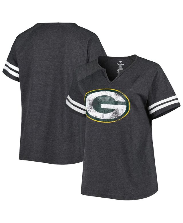 Women's Fanatics Heather Charcoal Green Bay Packers Plus Size Logo Striped Raglan Notch Neck T-shirt