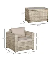 Outsunny 3-Piece Pe Rattan Wicker Sofa Sets Outdoor Armchair Sofa Furniture Set w/ Plastic Wood Grain Side Table and Washable Cushions, Grey