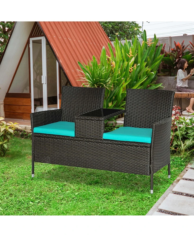 Outsunny Wicker Bench Table Combo, Rattan Double Chair, 2-Seater with Cushions & Tempered Glass Table in Armrest, Blue