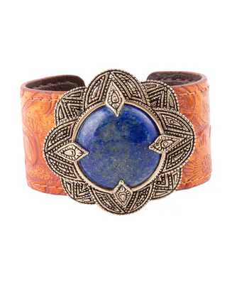 Barse Out West Genuine Blue Lapis Round Stone Leather Cuff Bracelet
