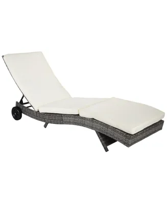 Outsunny Reclining Chaise Lounge Chair, Thickly Cushioned, Rolling Outdoor Plastic Rattan Sun Bathing Chair with Wheels for Poolside, Pool, Patio, Off