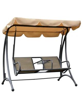 Outsunny 2-Person Outdoor Swing, Patio Swing Bench with Adjustable Tilt Canopy, Cup Holder and Storage Tray, Steel Frame, Brown